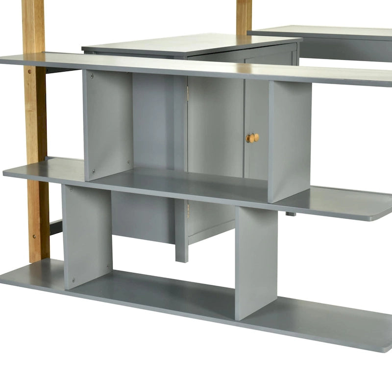 Gray Twin Size Solid Wood Loft Bed with Built-in Storage and Foldable Desk