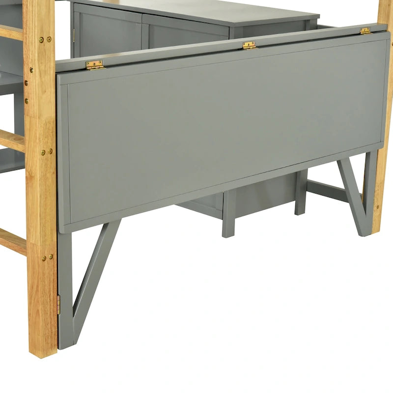 Gray Twin Size Solid Wood Loft Bed with Built-in Storage and Foldable Desk