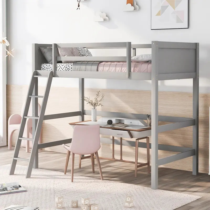 Twin Solid Wood Loft Bed with Ladder & Fence