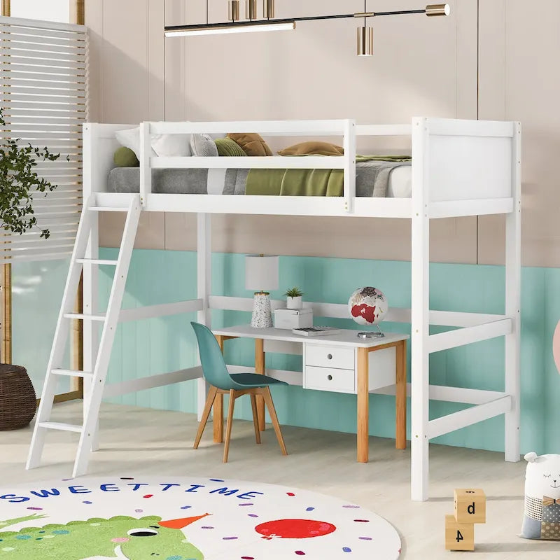 Twin Solid Wood Loft Bed with Ladder & Fence