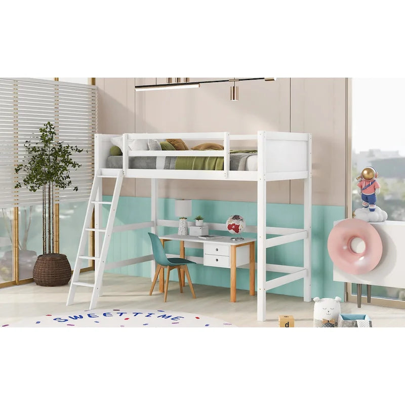 Twin Solid Wood Loft Bed with Ladder & Fence