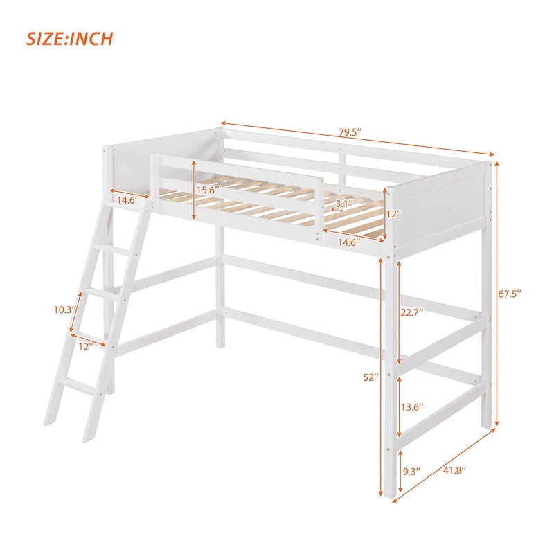 Twin Solid Wood Loft Bed with Ladder & Fence