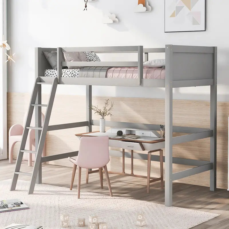 Twin Solid Wood Loft Bed with Ladder & Fence