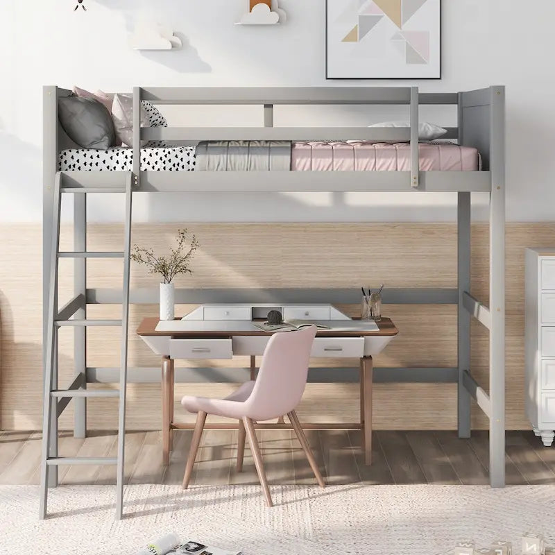 Twin Solid Wood Loft Bed with Ladder & Fence