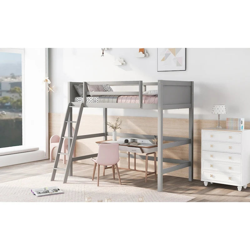 Twin Solid Wood Loft Bed with Ladder & Fence