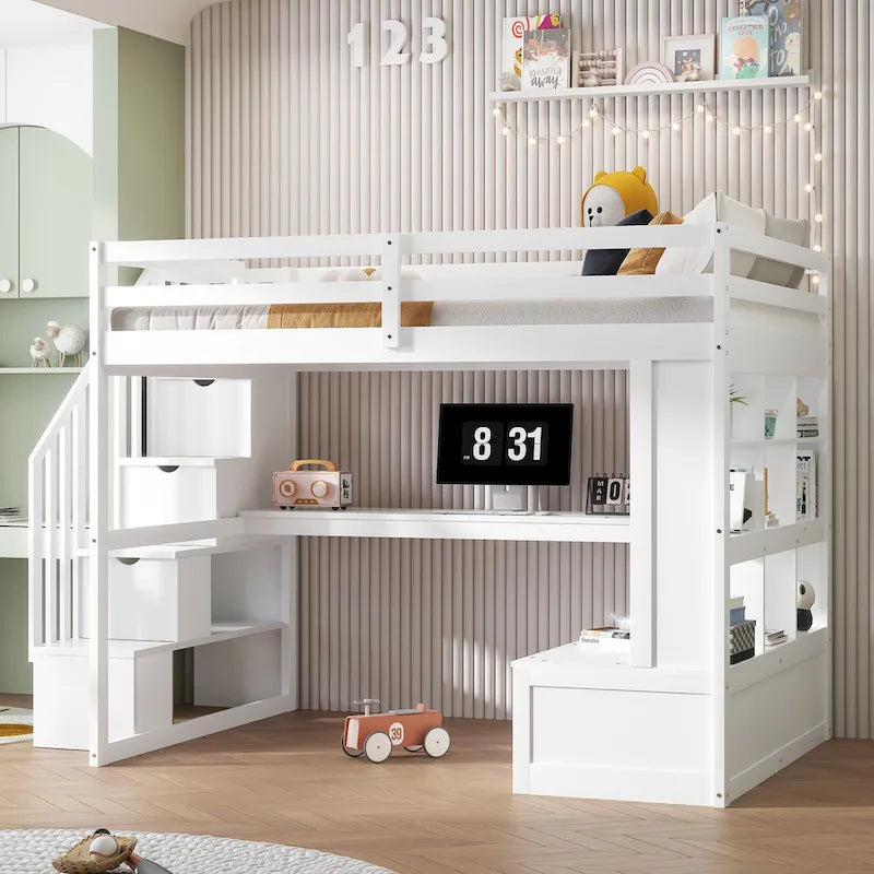 Full Size Solid Wood Loft Bed with Desk, Shelves, and Drawers