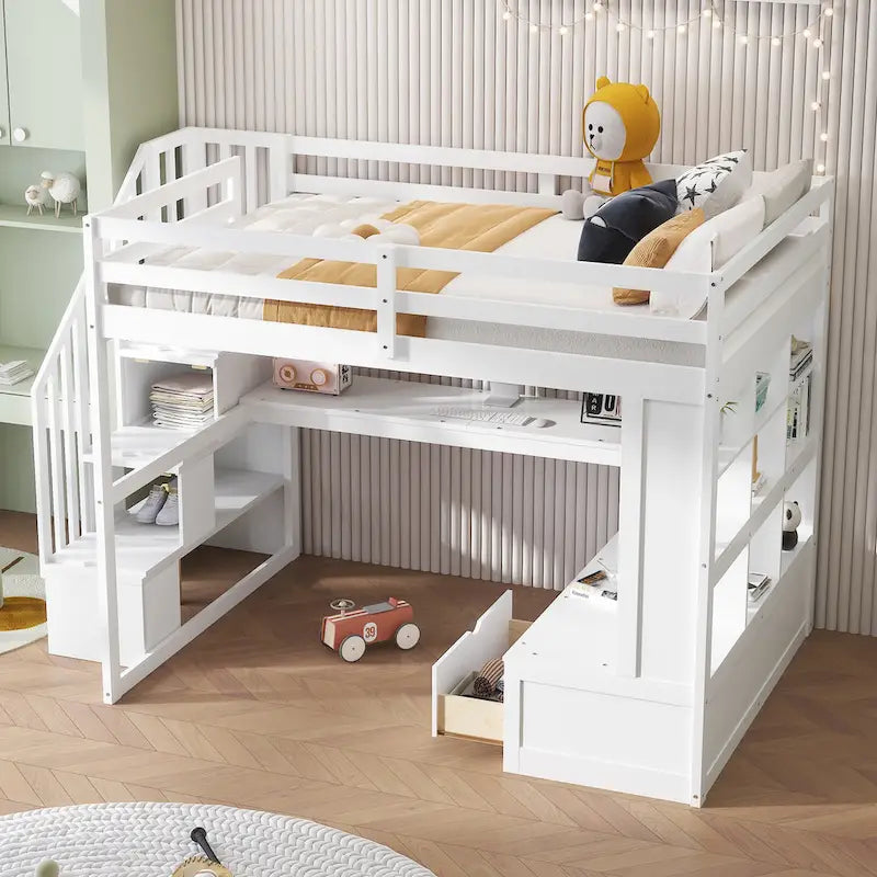 Full Size Solid Wood Loft Bed with Desk, Shelves, and Drawers