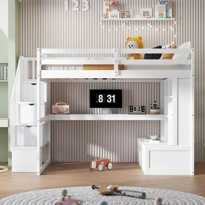 Full Size Solid Wood Loft Bed with Desk, Shelves, and Drawers
