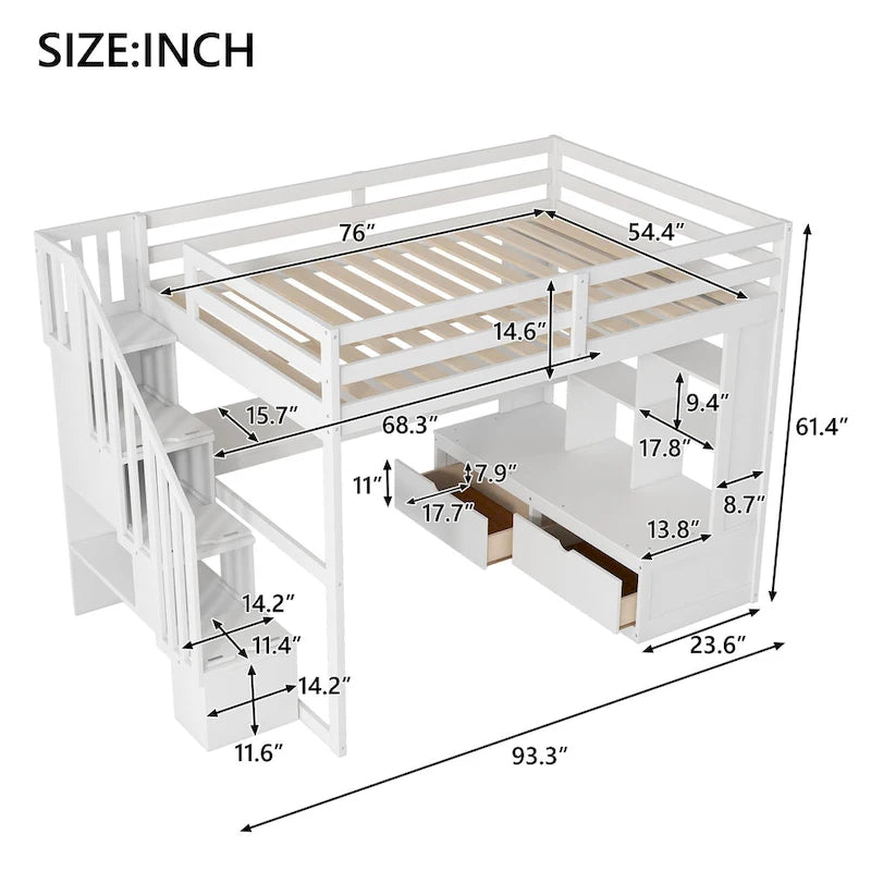 Full Size Solid Wood Loft Bed with Desk, Shelves, and Drawers