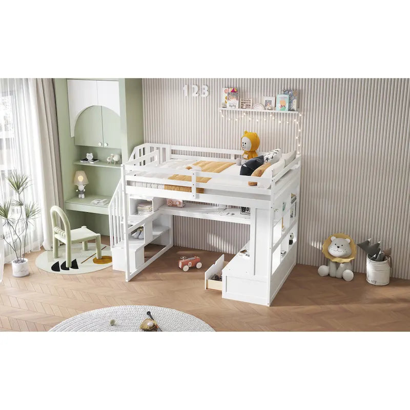 Full Size Solid Wood Loft Bed with Desk, Shelves, and Drawers