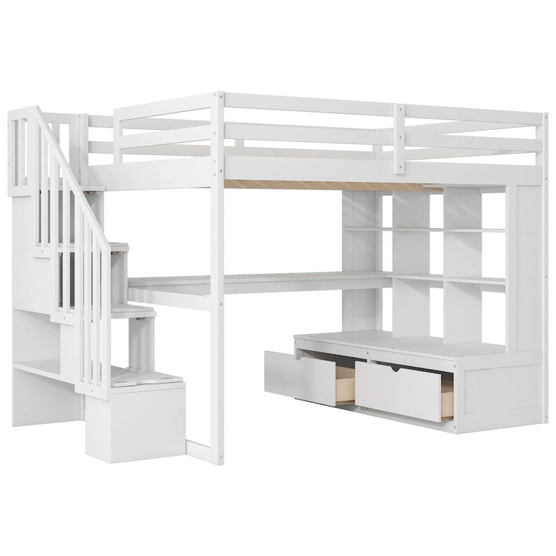 Full Size Solid Wood Loft Bed with Desk, Shelves, and Drawers