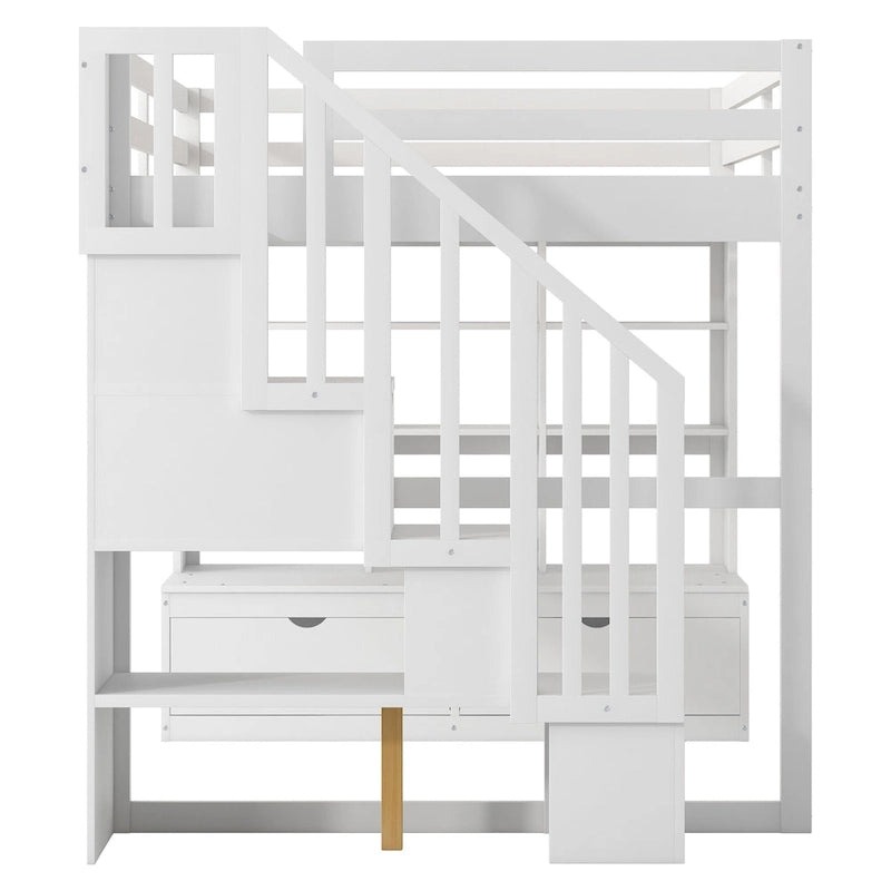 Full Size Solid Wood Loft Bed with Desk, Shelves, and Drawers