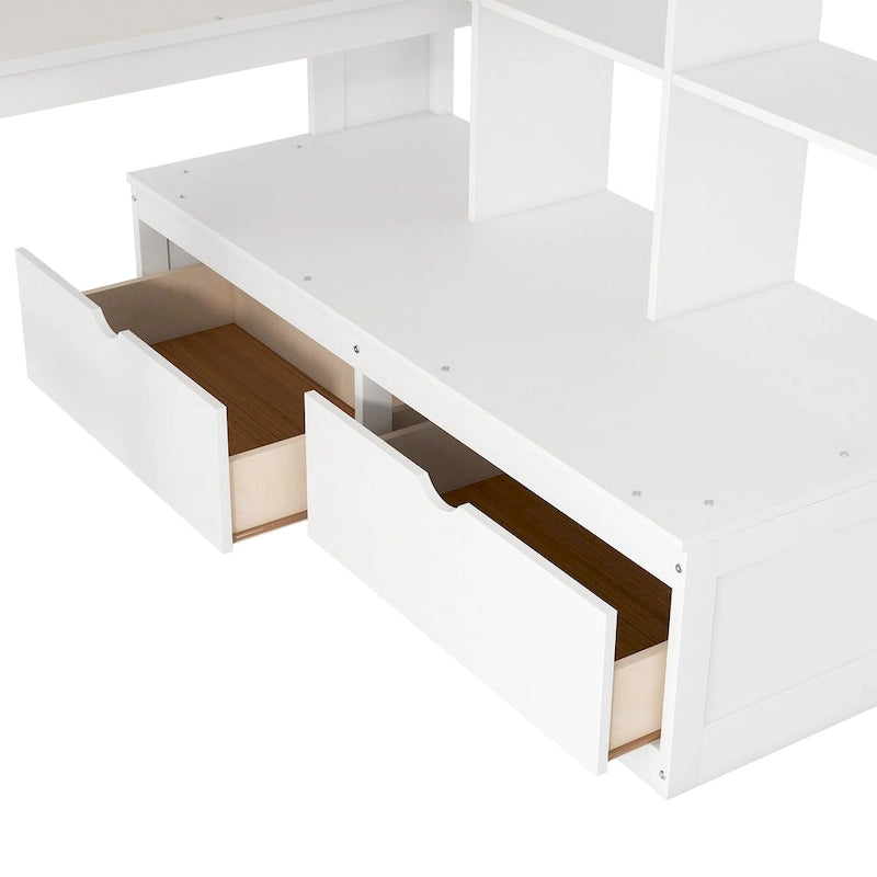 Full Size Solid Wood Loft Bed with Desk, Shelves, and Drawers