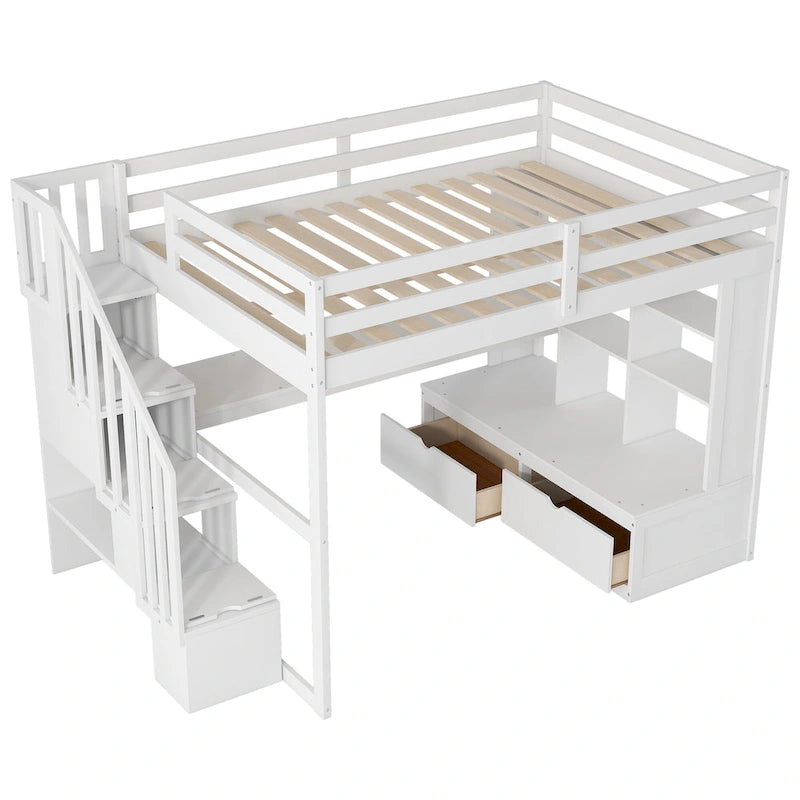 Full Size Solid Wood Loft Bed with Desk, Shelves, and Drawers