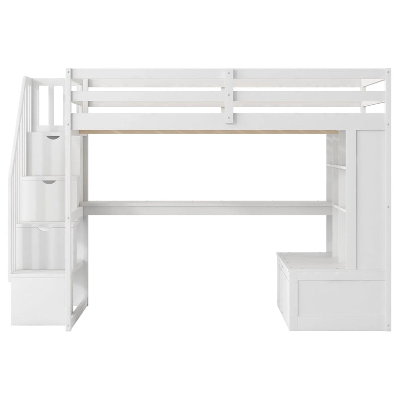 Full Size Solid Wood Loft Bed with Desk, Shelves, and Drawers