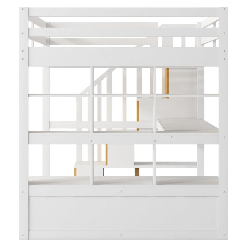 Full Size Solid Wood Loft Bed with Desk, Shelves, and Drawers