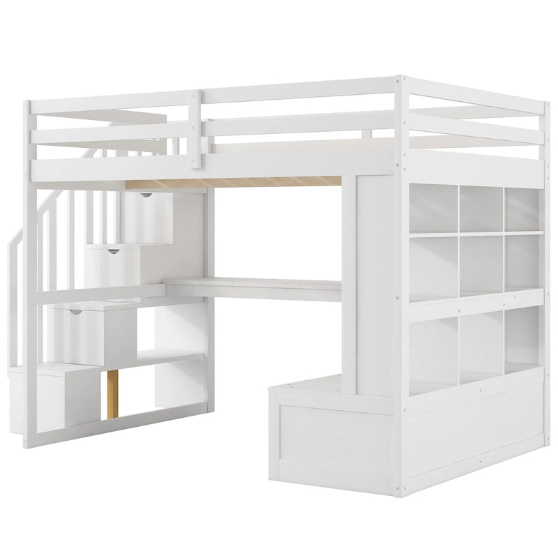 Full Size Solid Wood Loft Bed with Desk, Shelves, and Drawers