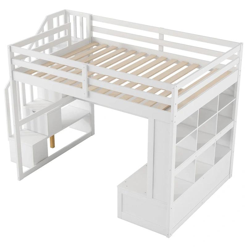 Full Size Solid Wood Loft Bed with Desk, Shelves, and Drawers