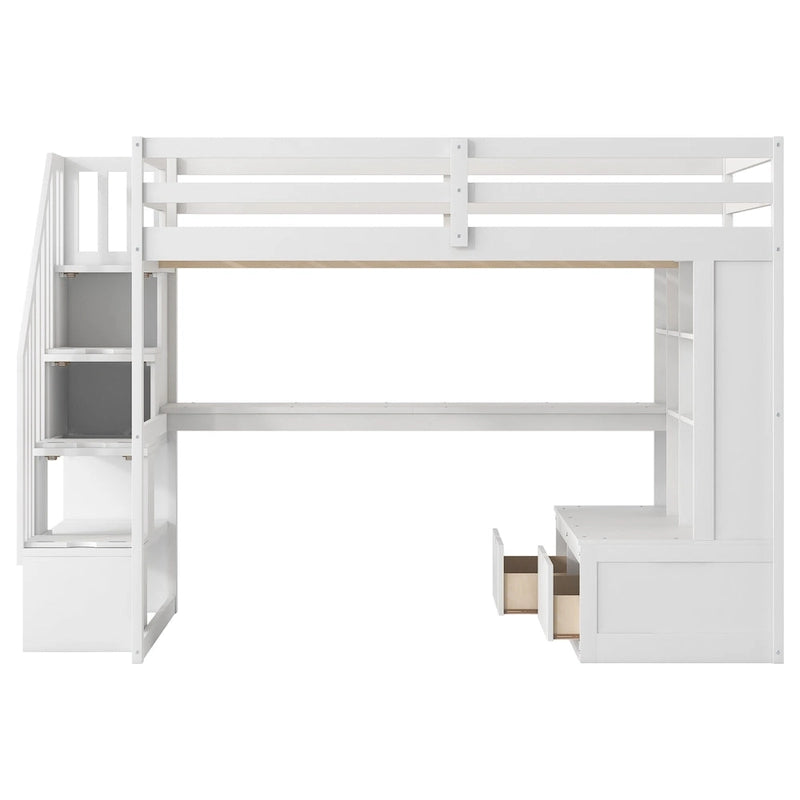 Full Size Solid Wood Loft Bed with Desk, Shelves, and Drawers