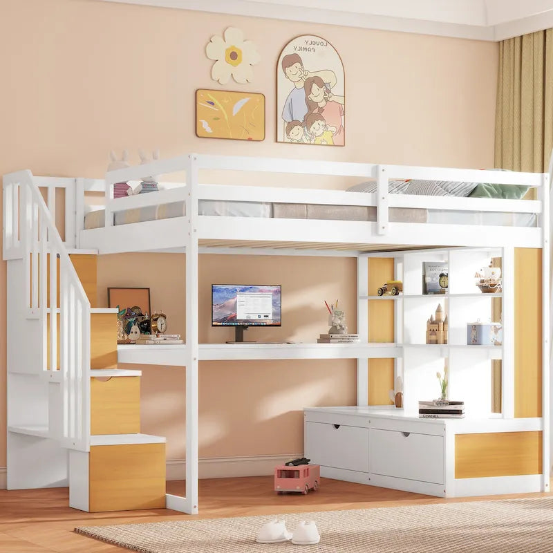 Full Size Solid Wood Loft Bed with Desk, Shelves, and Drawers