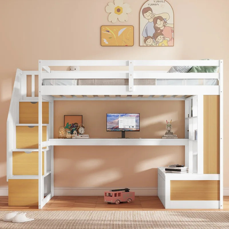 Full Size Solid Wood Loft Bed with Desk, Shelves, and Drawers