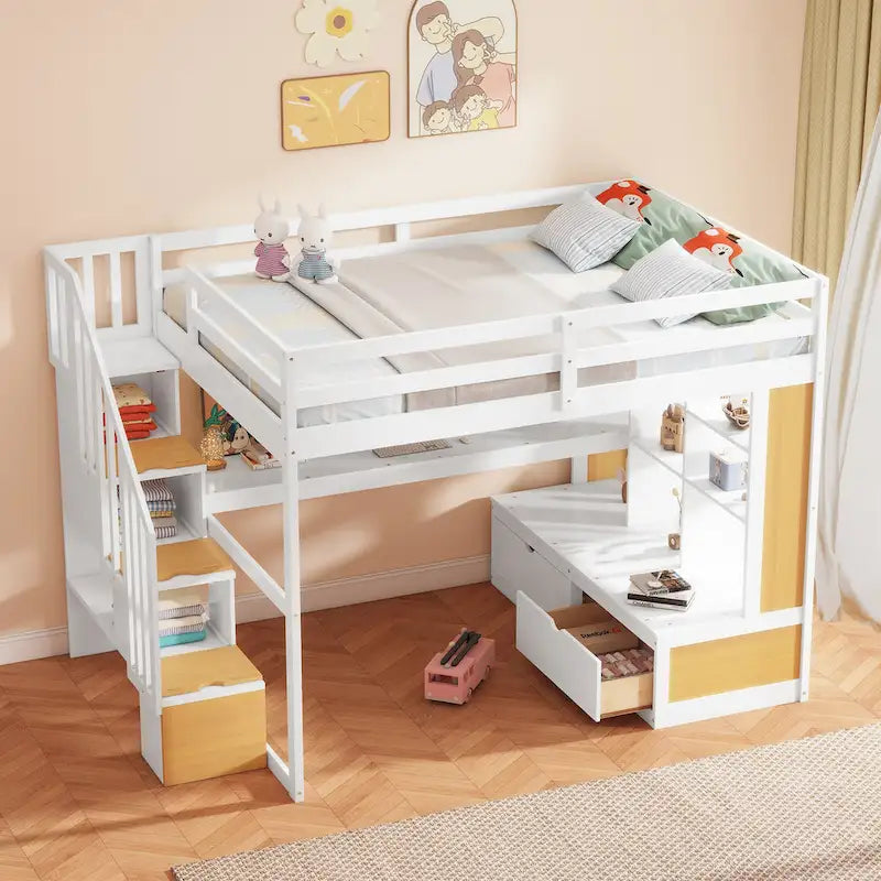 Full Size Solid Wood Loft Bed with Desk, Shelves, and Drawers