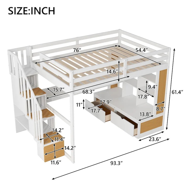 Full Size Solid Wood Loft Bed with Desk, Shelves, and Drawers