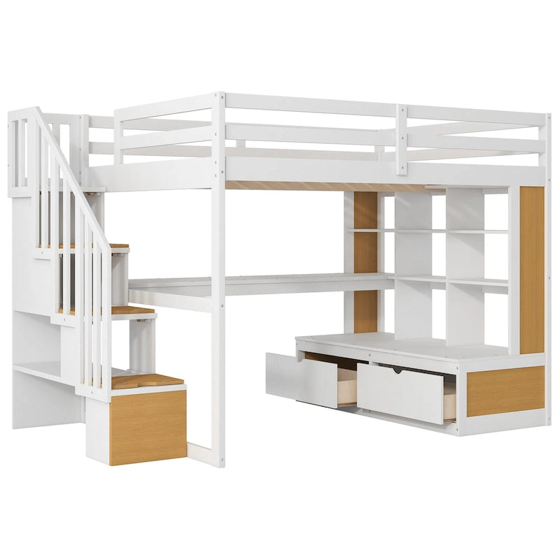 Full Size Solid Wood Loft Bed with Desk, Shelves, and Drawers