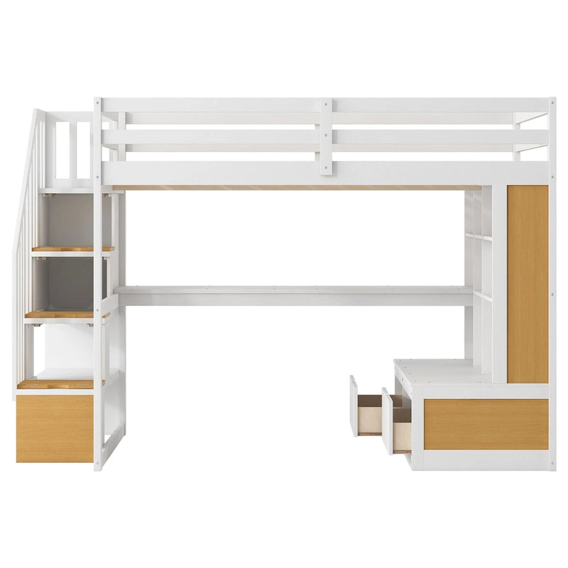Full Size Solid Wood Loft Bed with Desk, Shelves, and Drawers