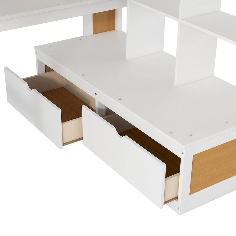Full Size Solid Wood Loft Bed with Desk, Shelves, and Drawers