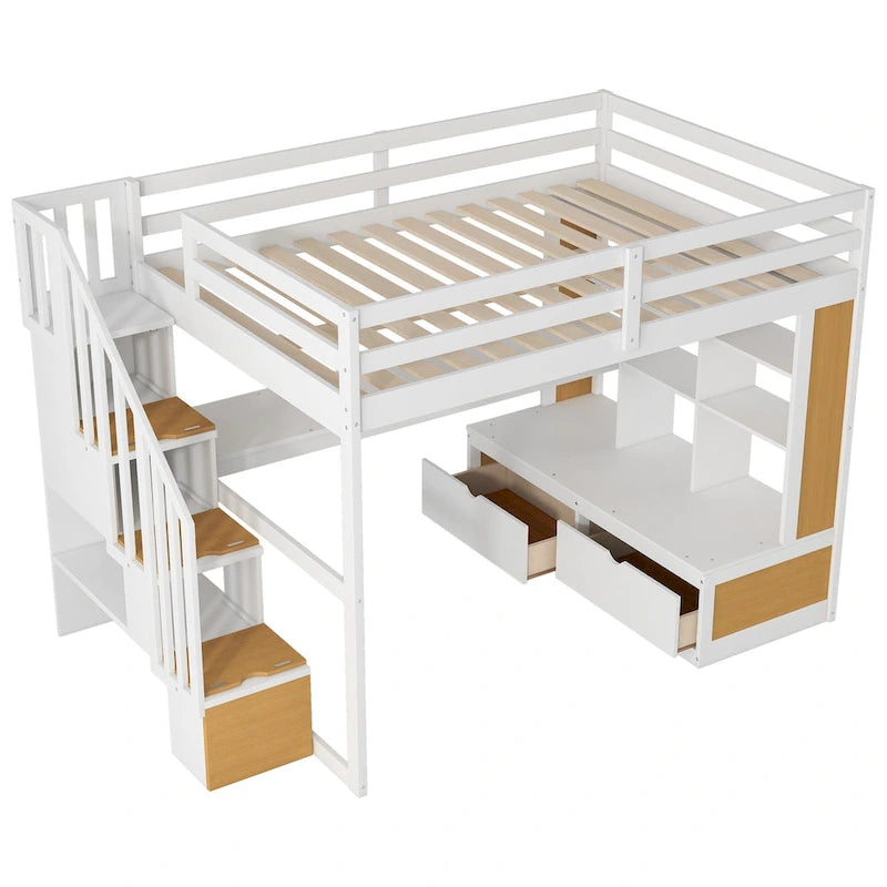 Full Size Solid Wood Loft Bed with Desk, Shelves, and Drawers