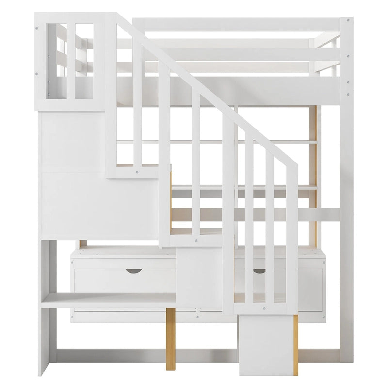 Full Size Solid Wood Loft Bed with Desk, Shelves, and Drawers
