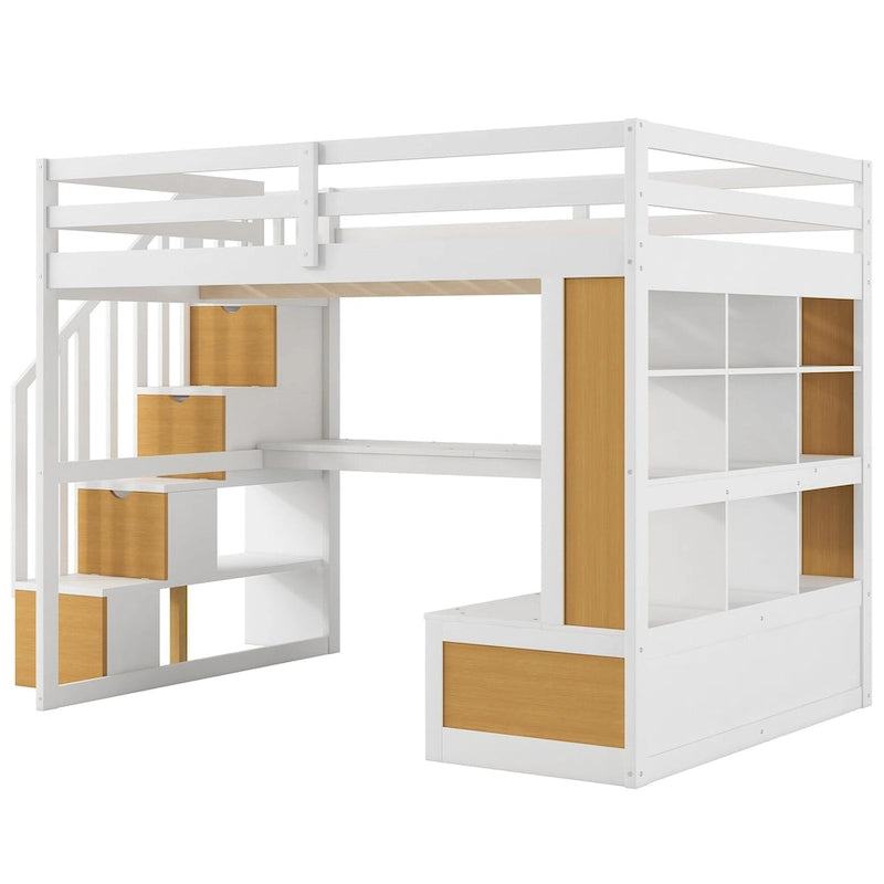 Full Size Solid Wood Loft Bed with Desk, Shelves, and Drawers