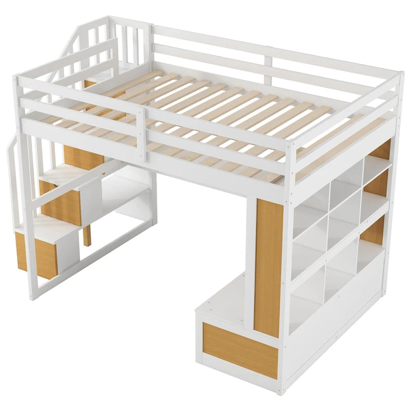 Full Size Solid Wood Loft Bed with Desk, Shelves, and Drawers