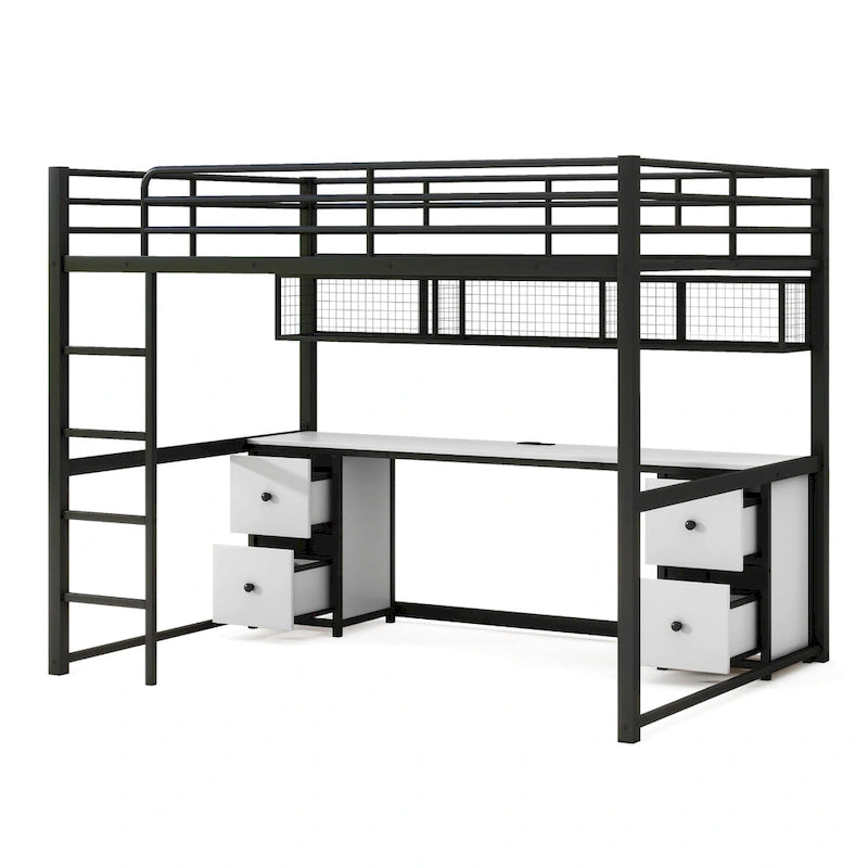 Full Size Metal Loft Bed with Desk, Drawers, and Charging Station