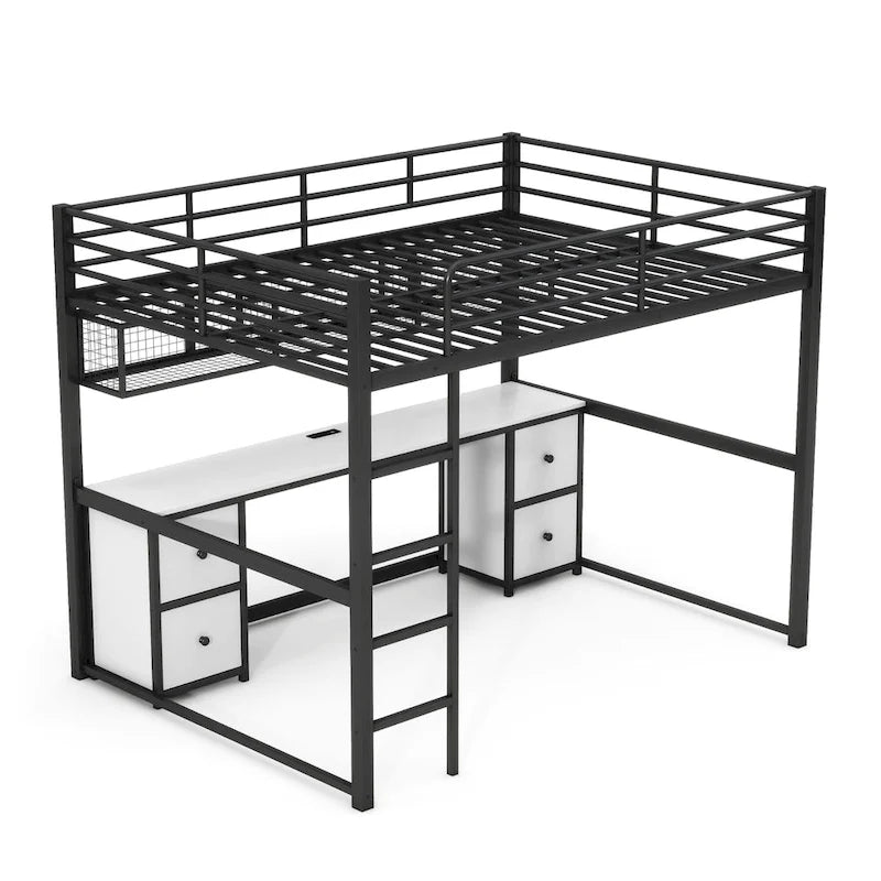 Full Size Metal Loft Bed with Desk, Drawers, and Charging Station