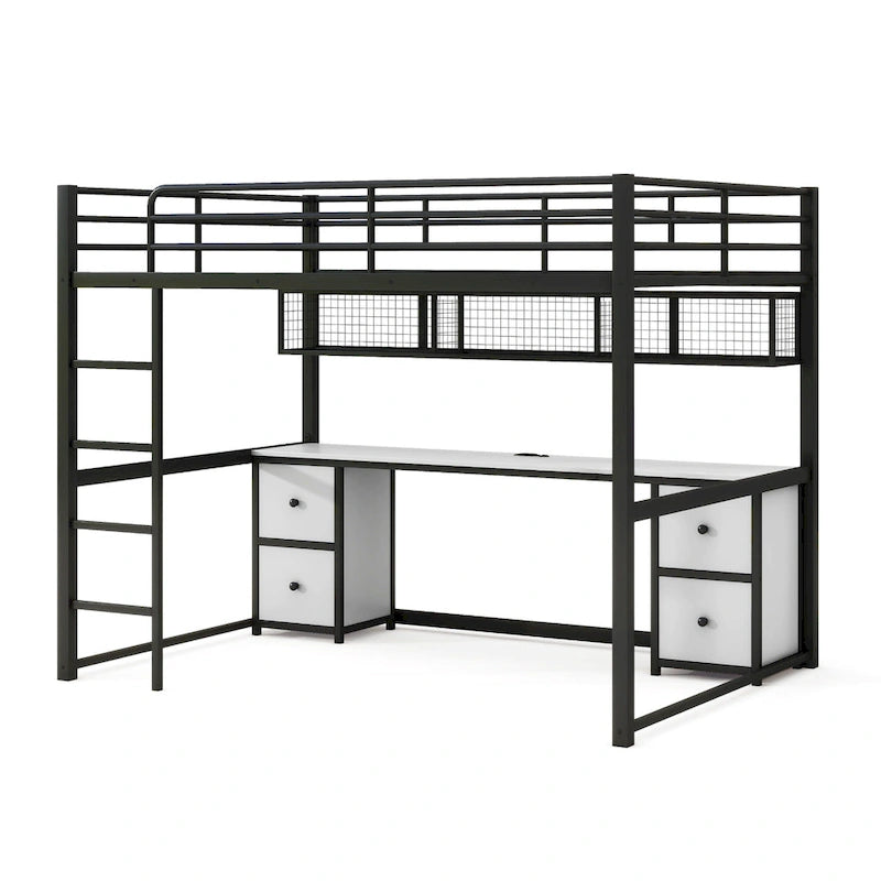 Full Size Metal Loft Bed with Desk, Drawers, and Charging Station