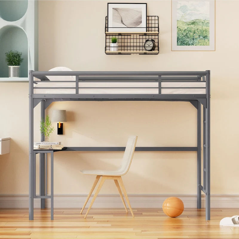 Twin Size Metal Loft Bed with Desk, Ladder, and Guardrails