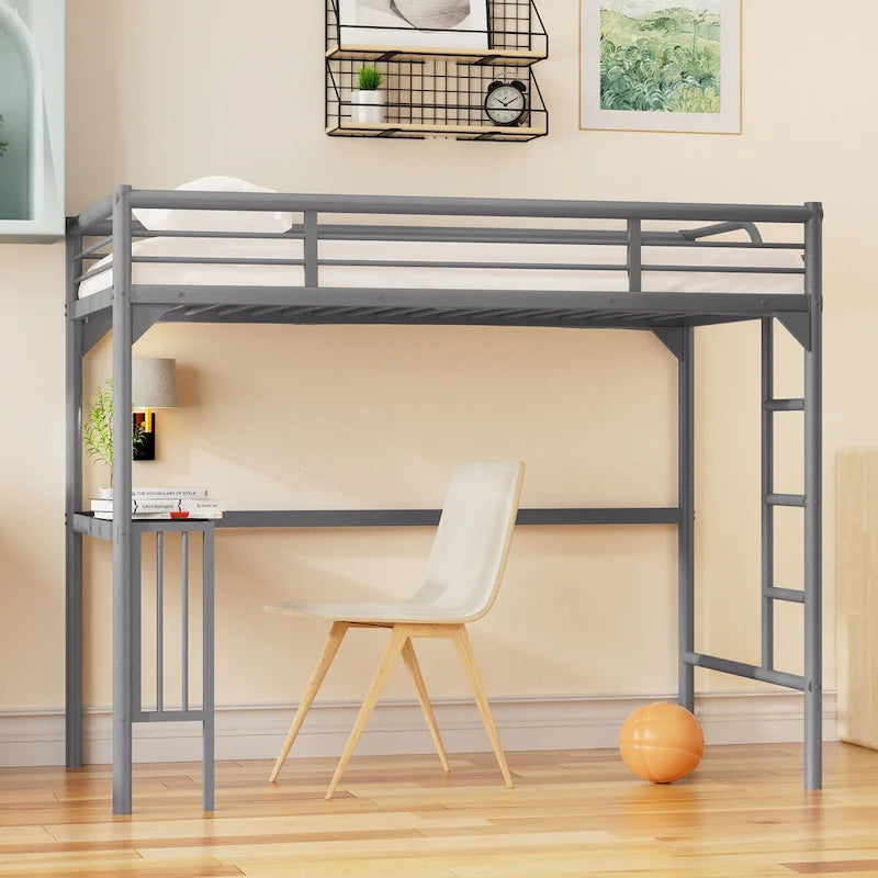 Twin Size Metal Loft Bed with Desk, Ladder, and Guardrails