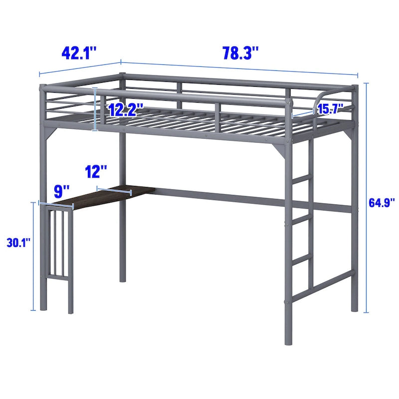Twin Size Metal Loft Bed with Desk, Ladder, and Guardrails