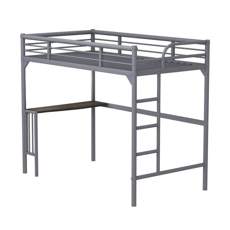 Twin Size Metal Loft Bed with Desk, Ladder, and Guardrails