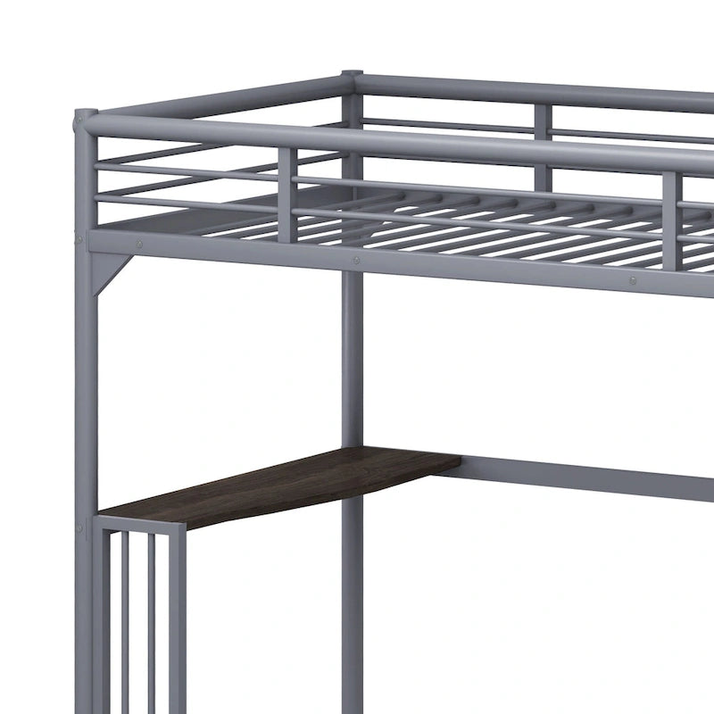 Twin Size Metal Loft Bed with Desk, Ladder, and Guardrails
