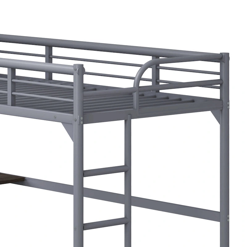 Twin Size Metal Loft Bed with Desk, Ladder, and Guardrails