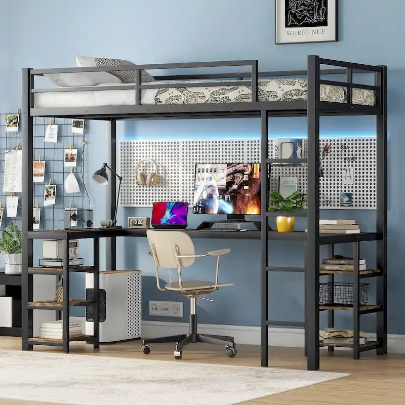 Twin XL Size Metal Loft Bed with Desk, Shelves, Ladder, and Guardrails