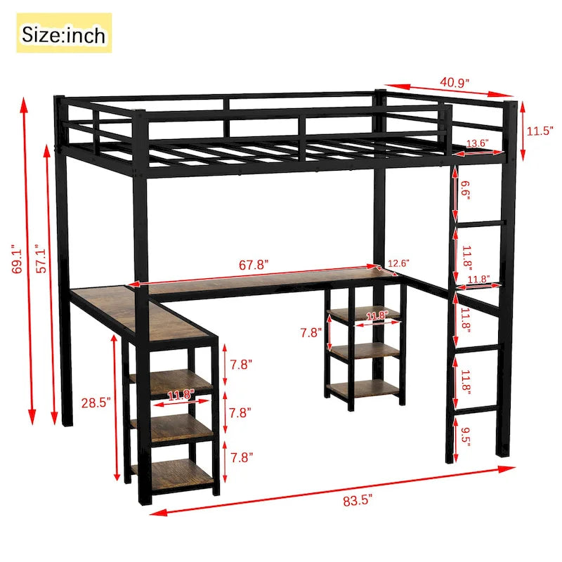 Twin XL Size Metal Loft Bed with Desk, Shelves, Ladder, and Guardrails