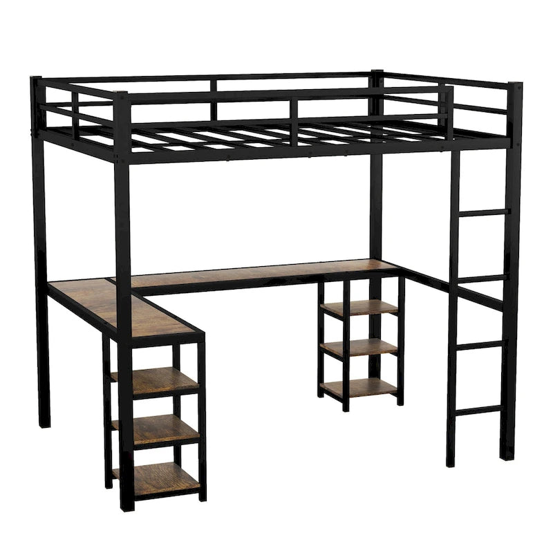 Twin XL Size Metal Loft Bed with Desk, Shelves, Ladder, and Guardrails