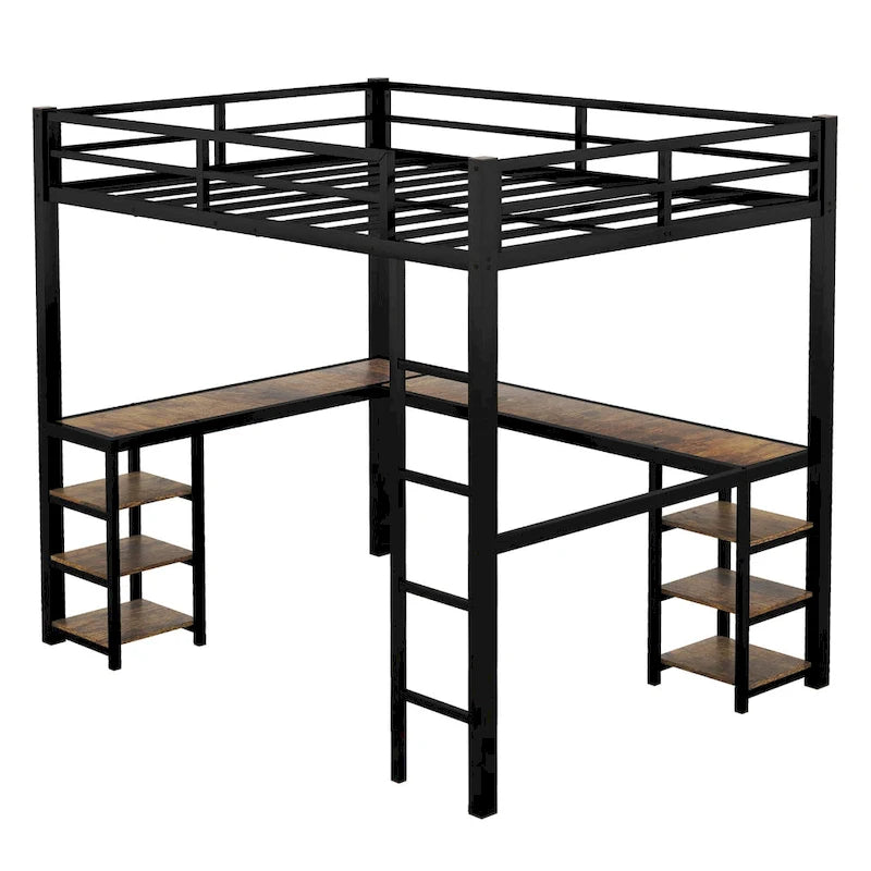 Twin XL Size Metal Loft Bed with Desk, Shelves, Ladder, and Guardrails
