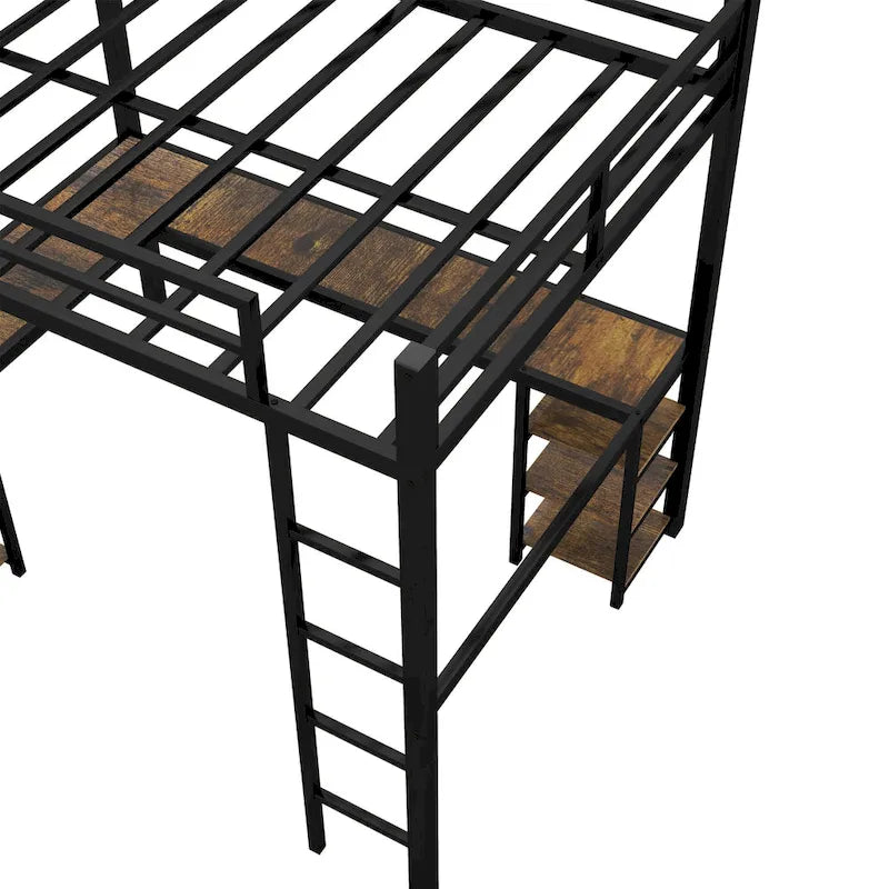 Twin XL Size Metal Loft Bed with Desk, Shelves, Ladder, and Guardrails