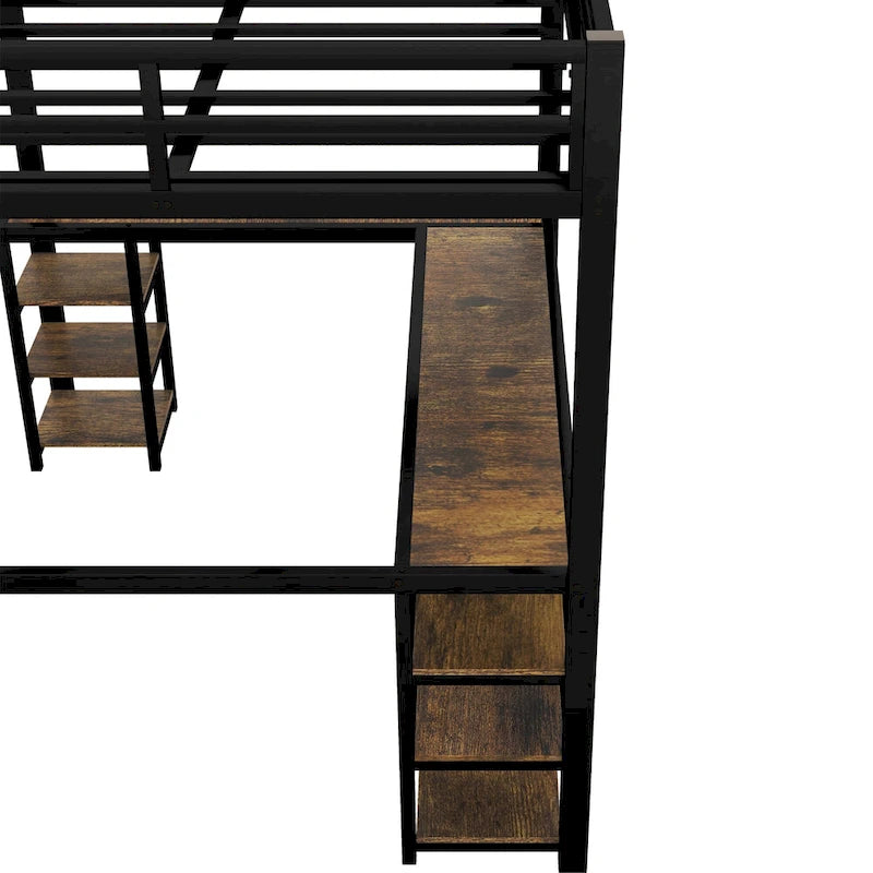 Twin XL Size Metal Loft Bed with Desk, Shelves, Ladder, and Guardrails