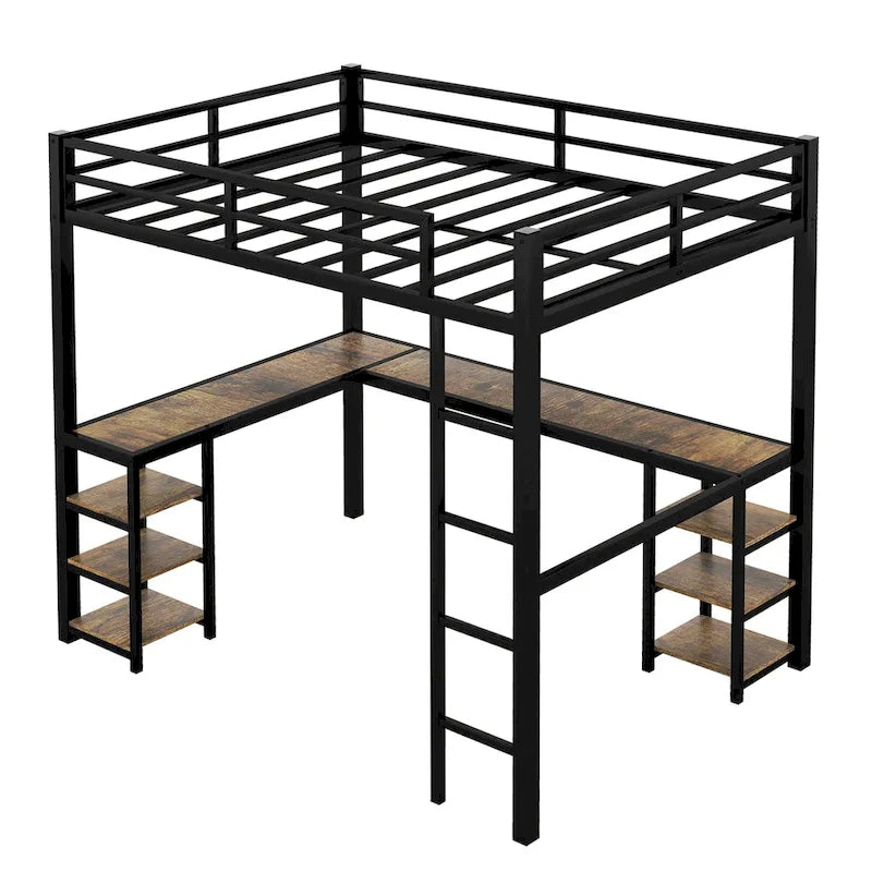 Twin XL Size Metal Loft Bed with Desk, Shelves, Ladder, and Guardrails